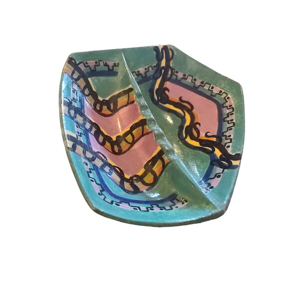 1960 Ashtray Ceramic Artist Signed MC Hand Made Geometric Funky Vintage - Picture 1 of 7